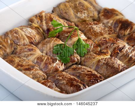 Stuffed cabbage rolls with meat and rice. Vertica shot