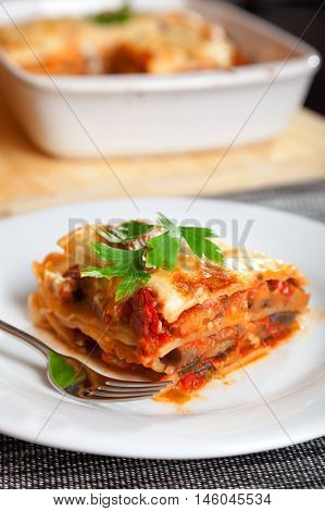 Typical italian lasagne served in a plate one portion in front baking dish blurred in the background