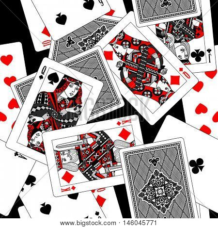 Playing cards seamless pattern background in black, white, gray and red colors. Original design in flat style. Vector illustration