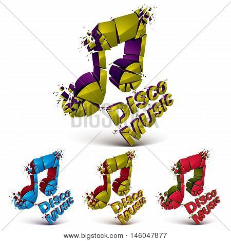 Green red and blue 3d vector musical notes broken into pieces explosion effect. Disco music theme dimensional art melody symbols set