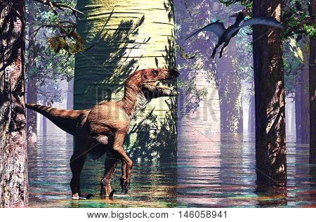 Velociraptor and pterodactyl 3d rendering