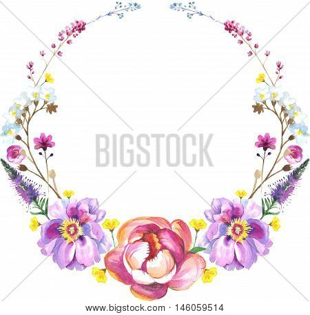 Peony flower necklace in watercolor. Could be used for: background, poster, print, romantic invitation, decoration, similars or pattern.