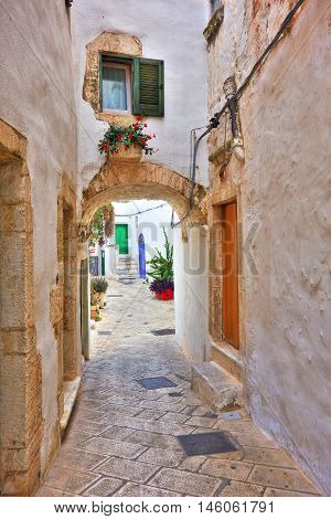 Perspective of an alleyway of Ostuni. Puglia. Italy.