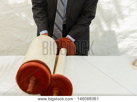 Hand Of Boy Reading The Jewish Torah At Bar Mitzvah 5 September 2016 Usa