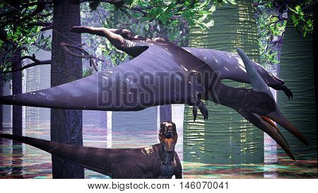 Velociraptor and pterodactyl 3d rendering