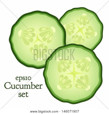 Set of cucumber and slices. Made in flat style, vegetable, food illustration.