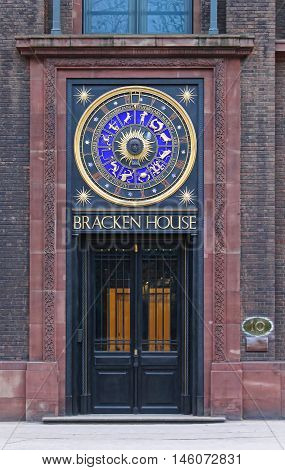 LONDON UNITED KINGDOM - JANUARY 25: Bracken House Clock in London on JANUARY 25 2013. Astronomical Clock at Building in Cannon Street in London United Kingdom.