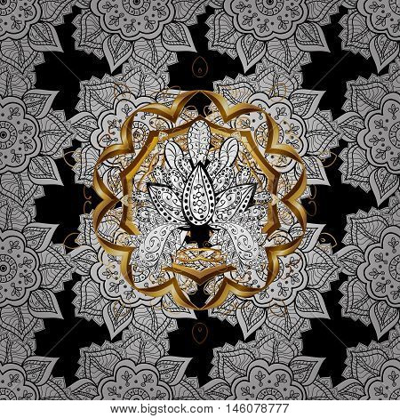 Seamless vintage pattern on black background with white and golden floral elements.