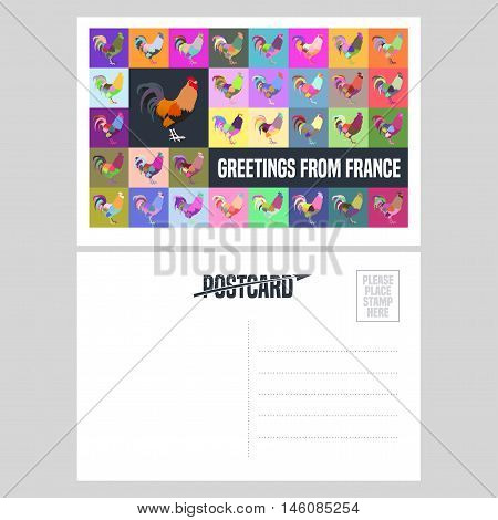 France vector postcard design with French symbol rooster in original style. Template illustration element nonstandard mail postcard with copyspace stamp and Greetings from France sign