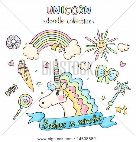 Unicorn set. Doodle collection. Ice Cream, hearts, candy.