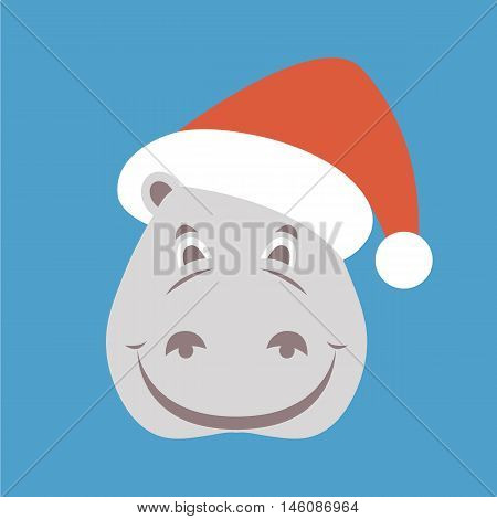 hippopotamus face in Santa hat vector illustration style Flat