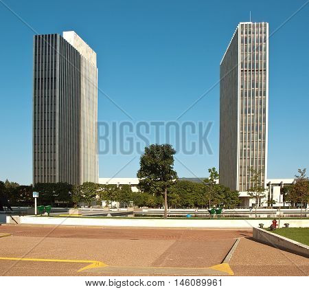 Albany New York USA. September 42016. Two of the four Agency Buildings on the grounds of the Empire State Plaza in Albany New York