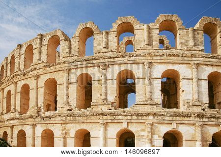 El Djem amphitheatre the most impressive Roman remains in Africa. Mahdia Tunisia. UNESCO World Heritage Site.