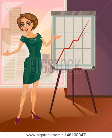 Vector business woman in glasses presenting report.