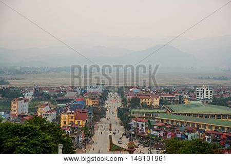 View Of A Small Town In Vietnam, Dien Bien. Panorama Landscape