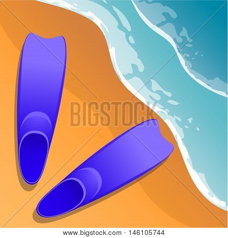 Beach background. Flippers in the sand. Sea shore. Flat style. Cartoon. Vector Image.