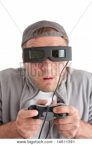 Verrast speler met Joystick en 3D-bril