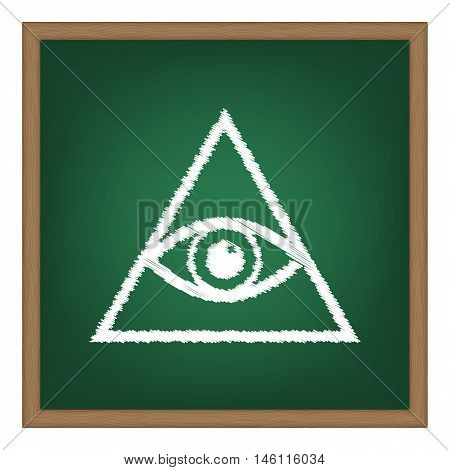 All Seeing Eye Pyramid Symbol. Freemason And Spiritual. White Chalk Effect On Green School Board.