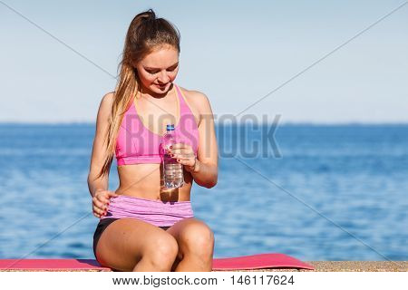Woman Drinking Water After Sport Gym Outdoor