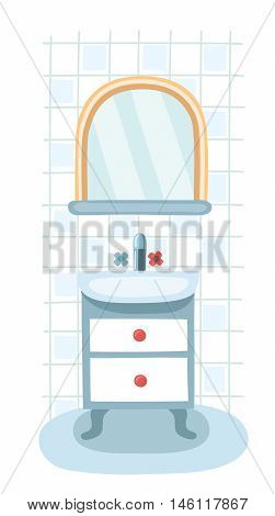 Elements for modern bathroom. Mirror, shelf and sink. Interior, under sink locker on on vintage legs. Sanitary Ware Objects