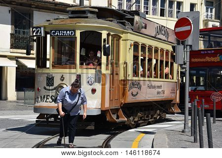 PORTO, PORTUGAL - AUG 22: Tram in Porto, Portugal, as seen on Aug 22, 2016. Porto has three regular heritage tram routes and they all use vintage tramcars exclusively.