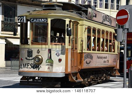PORTO, PORTUGAL - AUG 22: Tram in Porto, Portugal, as seen on Aug 22, 2016. Porto has three regular heritage tram routes and they all use vintage tramcars exclusively.
