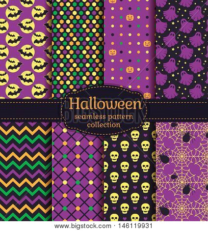Happy Halloween! Set of seamless backgrounds with bats pumpkins skulls spiders web ghosts and abstract geometric patterns. Vector collection in black yellow orange green and purple colors.