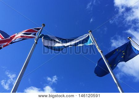 European Union EU, United Kindgom UK and Scotland flags - Brexit , Independence