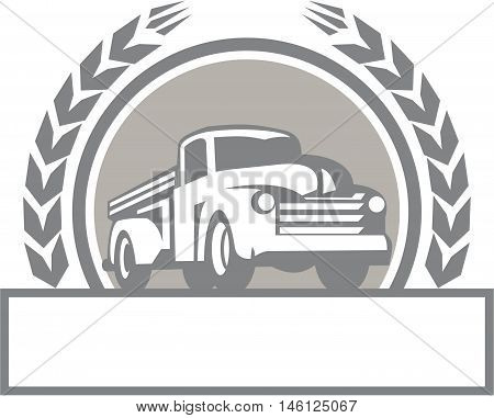 Illustration of a vintage pick up truck set inside circle with stylized wheat wreath done in retro style.