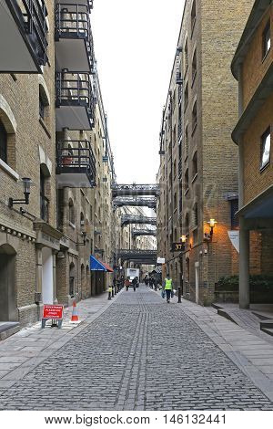 LONDON UNITED KINGDOM - JANUARY 25: Bridges Between Buildings at Buttlers Wharf in London on JANUARY 25 2013. Bridges Over Shad Thames Street at Southwark in London United Kingdom.
