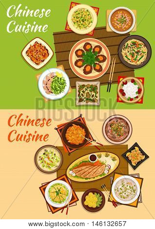 Chinese cuisine icon with peking duck, noodles with beef and mango salad, sour pork, beef steak, seafood stew, chicken corn, rice and anise soups, meat with peanuts, hot and sour soup, rice balls