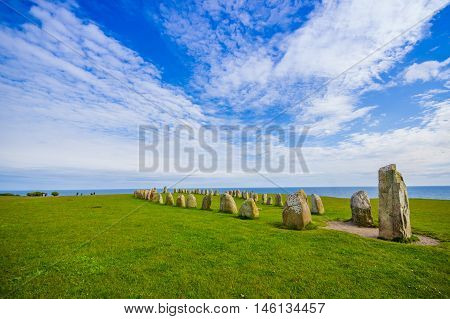 Radiant view of Ales stones, impressive megalithic monument in Skane, Sweden
