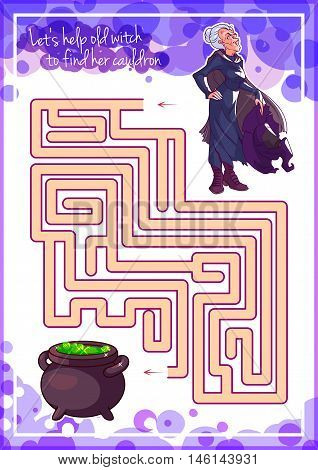 Maze game for kids with witch. Let's help this old witch to find his cauldron. Worksheet for class or at home with the kids.
