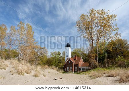 Presque Isle lighthouse, built in 1872, Lake Erie, Pennsylvania, USA
