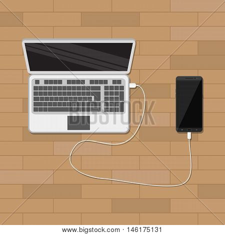 mobile phone plugged and charging from laptop usb port. vector illustration in flat style. wooden background