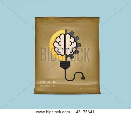 Creative Idea In Package Instant Idea in Recycle Bag with Light Bulb with Cog Gear Wheel and Brain Logo Creative Idea Concept Vector Illustration