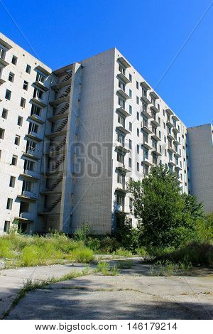 Facade of abandoned multistory building in Ukraine