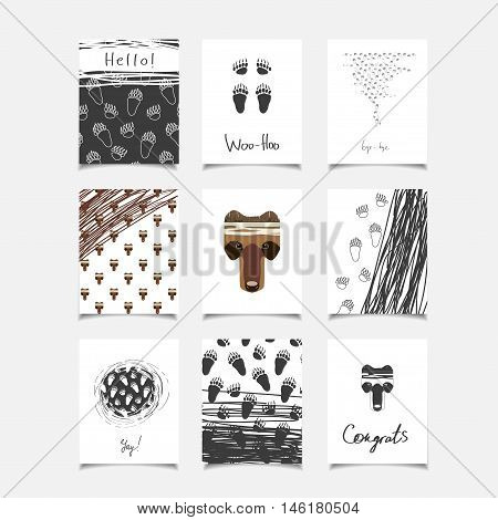 Animal vector template set. Illustration with bear and bear steps for posters greeting cards flyers and banners web designs. Anniversary holiday wedding business birthday party invitations.