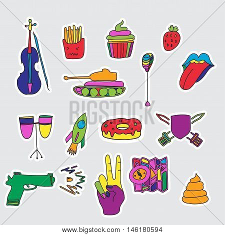 Vector set of patches and stickers. Hand drawn. Fashion cute comic illustration. Pop-art style.
