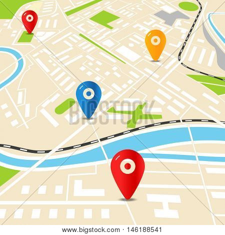 Abstract city map with color pins. Flat design illustration