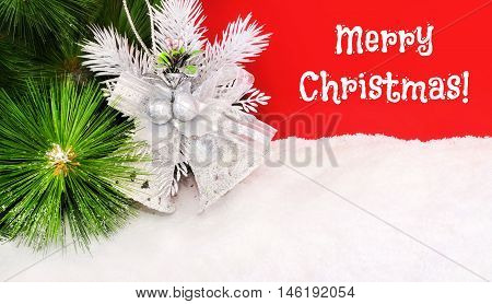 Bright Christmas background with a bell and snow. Xmas and Happy New Year background for your holiday projects.