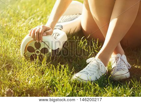Girl With Electric Mini Hover Board Scooter Transport