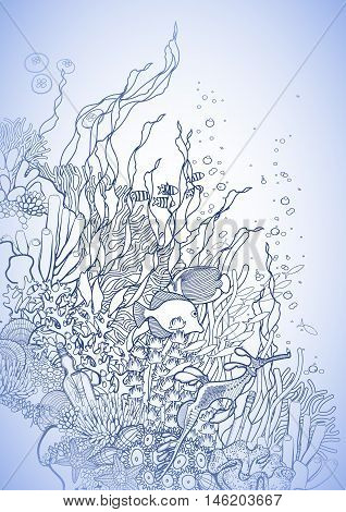 Graphic coral reef drawn in line art style. Ocean plants and rocks isolated on white background. Vector art in blue colors. Coloring book page design for adults and kids.