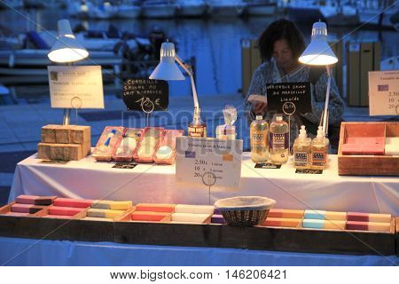 Frejus Port, France, 18 Aug 2016: Handmade Soap And Other Toiletries, On A Market Stall In The Prove