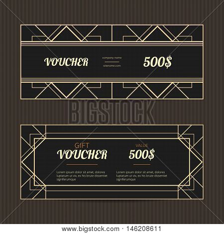 Set of two gift flyers in Art Deco style. Gift card template. Coupon discount collection. Golden and black vouchers. Art Deco tickets.