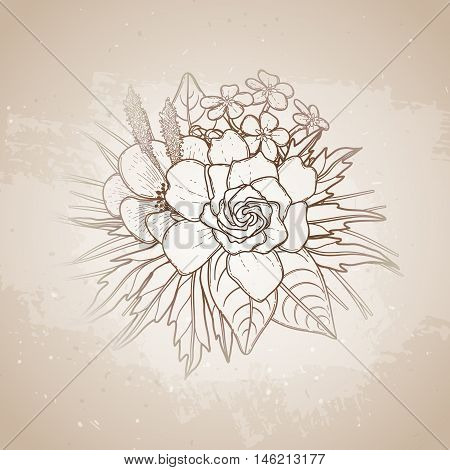 Graphic floral card. Vector leaves and flowers in cute vignette isolated on aged texture. Wedding style decorations in brawn colors. Coloring book page design for adults and kids