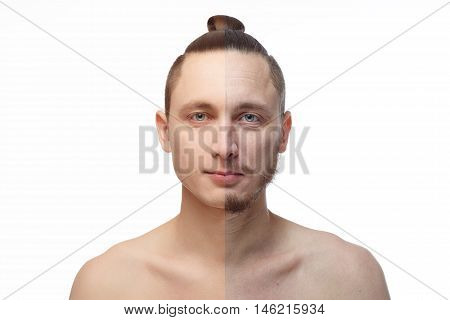 shaved. Handsome young man with half shaved face looking at camera. Half face man with an aged skin. Before and after cosmetic or plastic procedure, anti-age therapy.