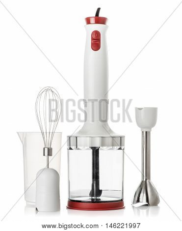 Hand blender with chopper and different nozzles isolated on a white background