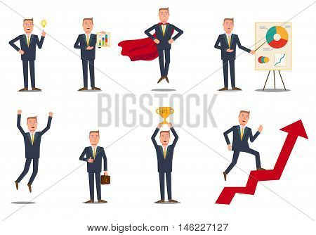 Flat style cartoon businessman poses. Isolated poses. Stock vector