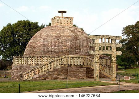 Stupa 3 crowned by single umbrella at Sanchi near Bhopal Madhya Pradesh India Asia